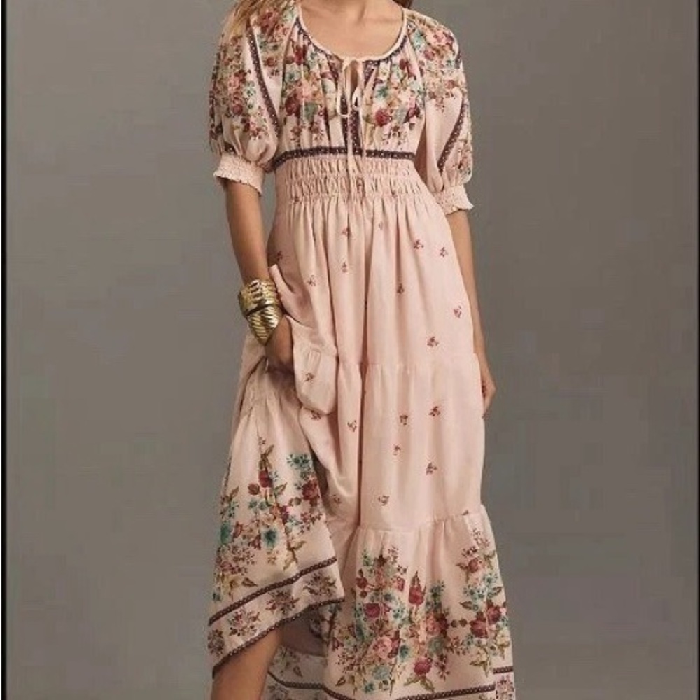 Anthropologie Pink Maxi Sundress with Bishop Sleeves